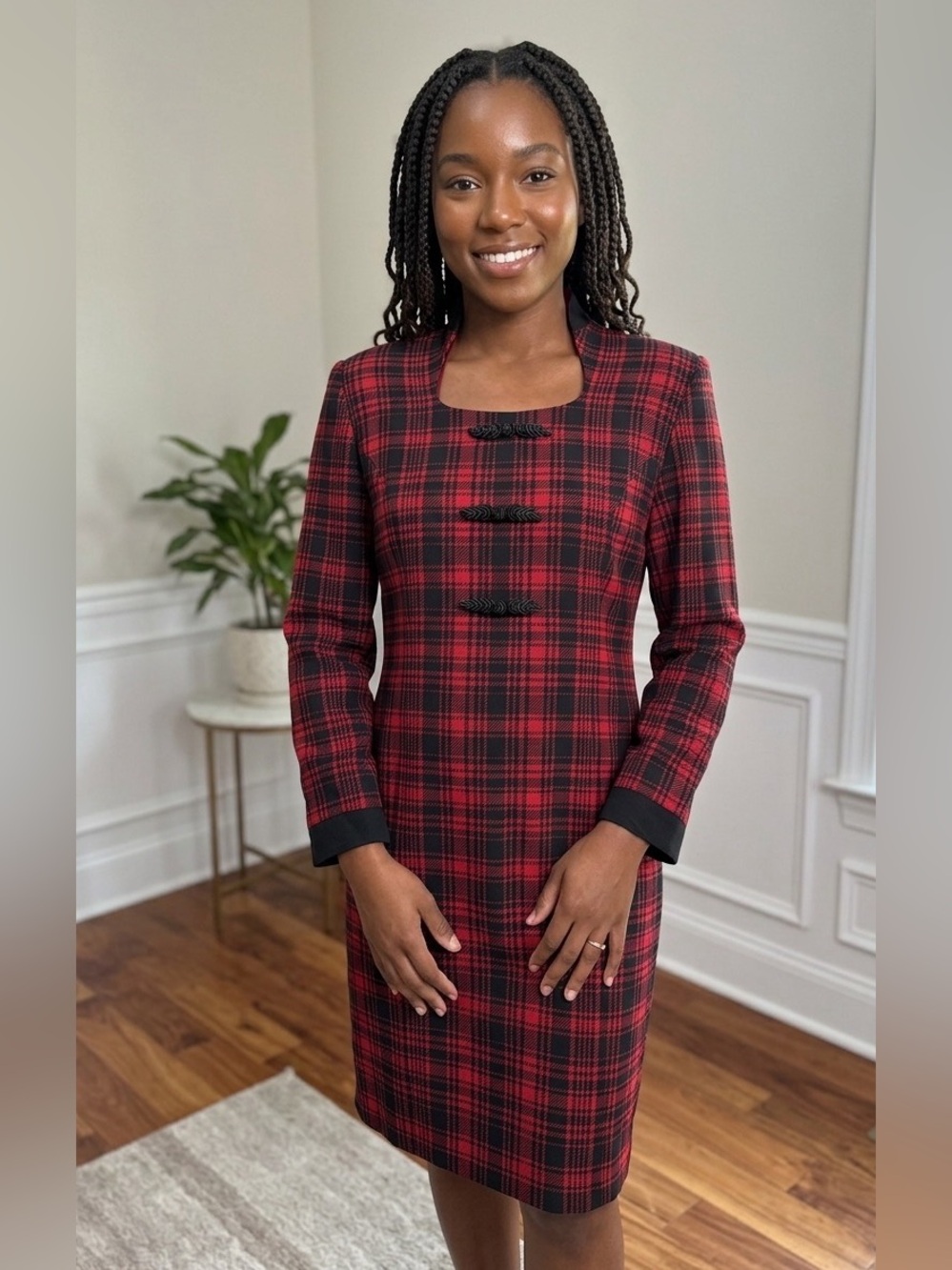 Vintage Chaus Petite Plaid Dress Red Black Tartan Frog Closure Sheath